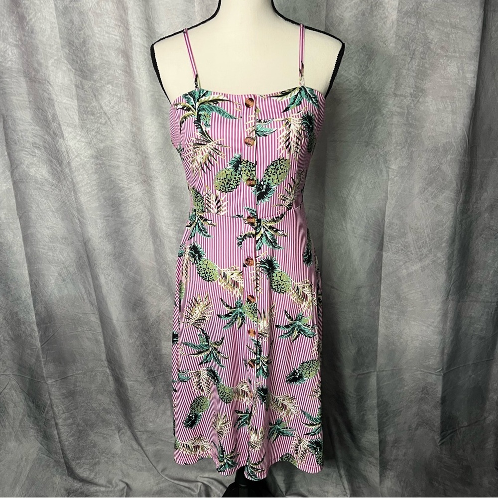 Berydress Pink & White Stripe Pineapple Print Spaghetti Strap Button Down Dress